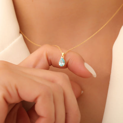 Drop Aquamarine Necklace in 14K Solid Gold, March Birthstone Pendant