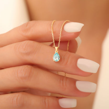 Drop Aquamarine Necklace in 14K Solid Gold, March Birthstone Pendant