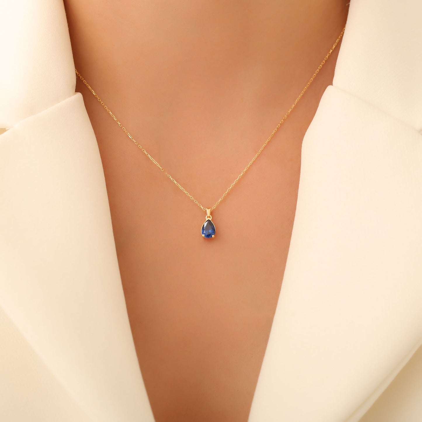 Drop Sapphire Necklace in 14K Solid Gold, September Birthstone Pendant