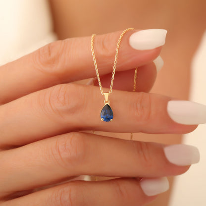 Drop Sapphire Necklace in 14K Solid Gold, September Birthstone Pendant