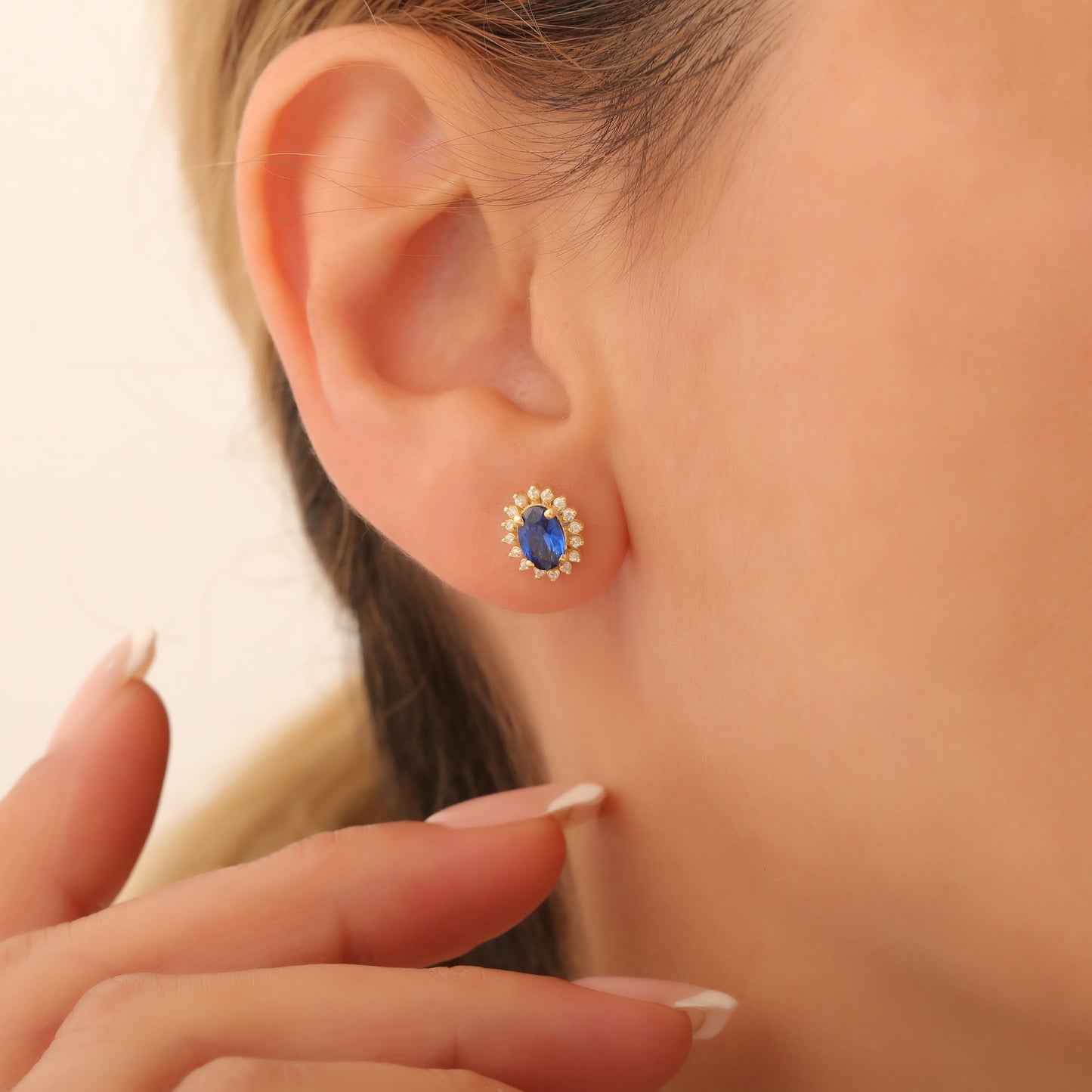 Oval Cut Sapphire Stud Earring Surrounded by Real Diamonds, 14K Solid Gold, September Birthstone