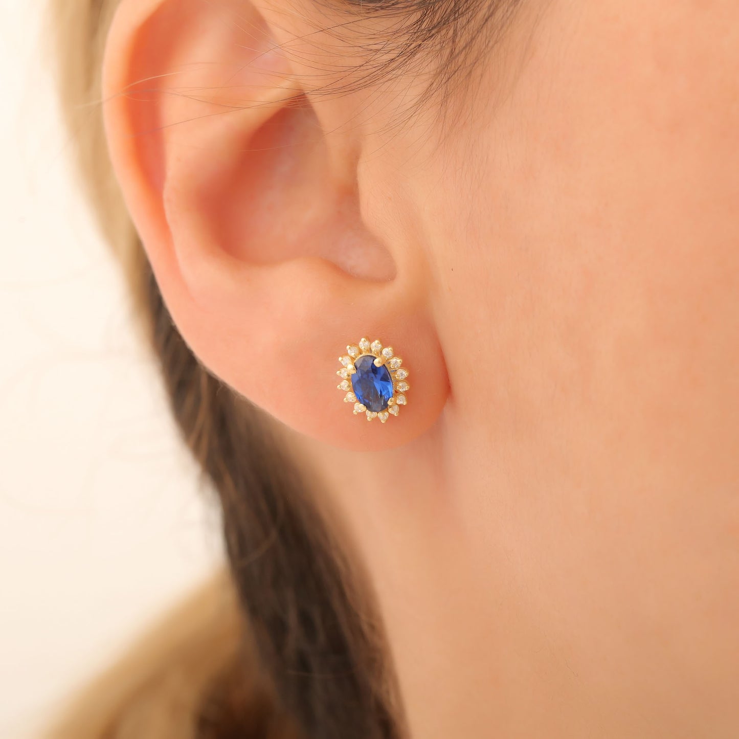 Oval Cut Sapphire Stud Earring Surrounded by Real Diamonds, 14K Solid Gold, September Birthstone