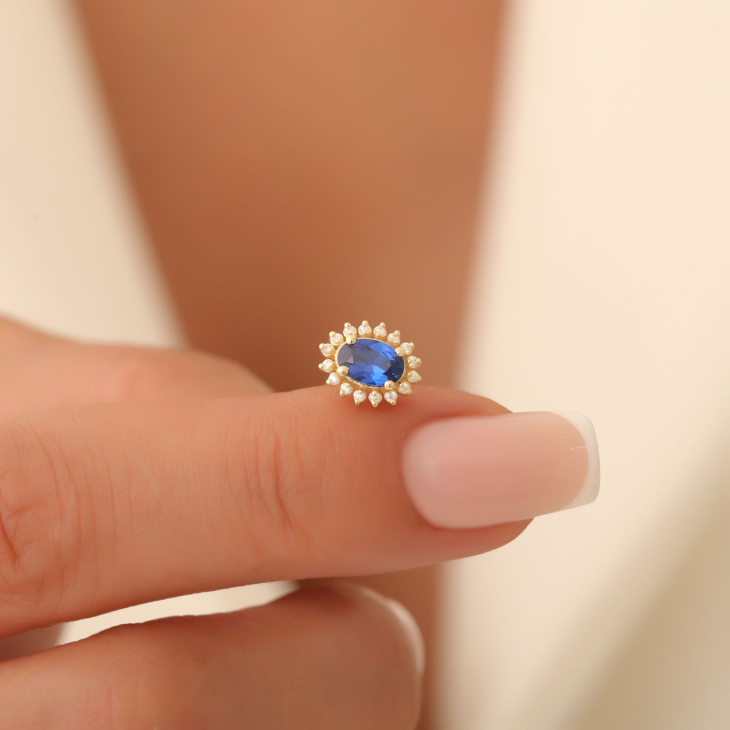 Oval Cut Sapphire Stud Earring Surrounded by Real Diamonds, 14K Solid Gold, September Birthstone