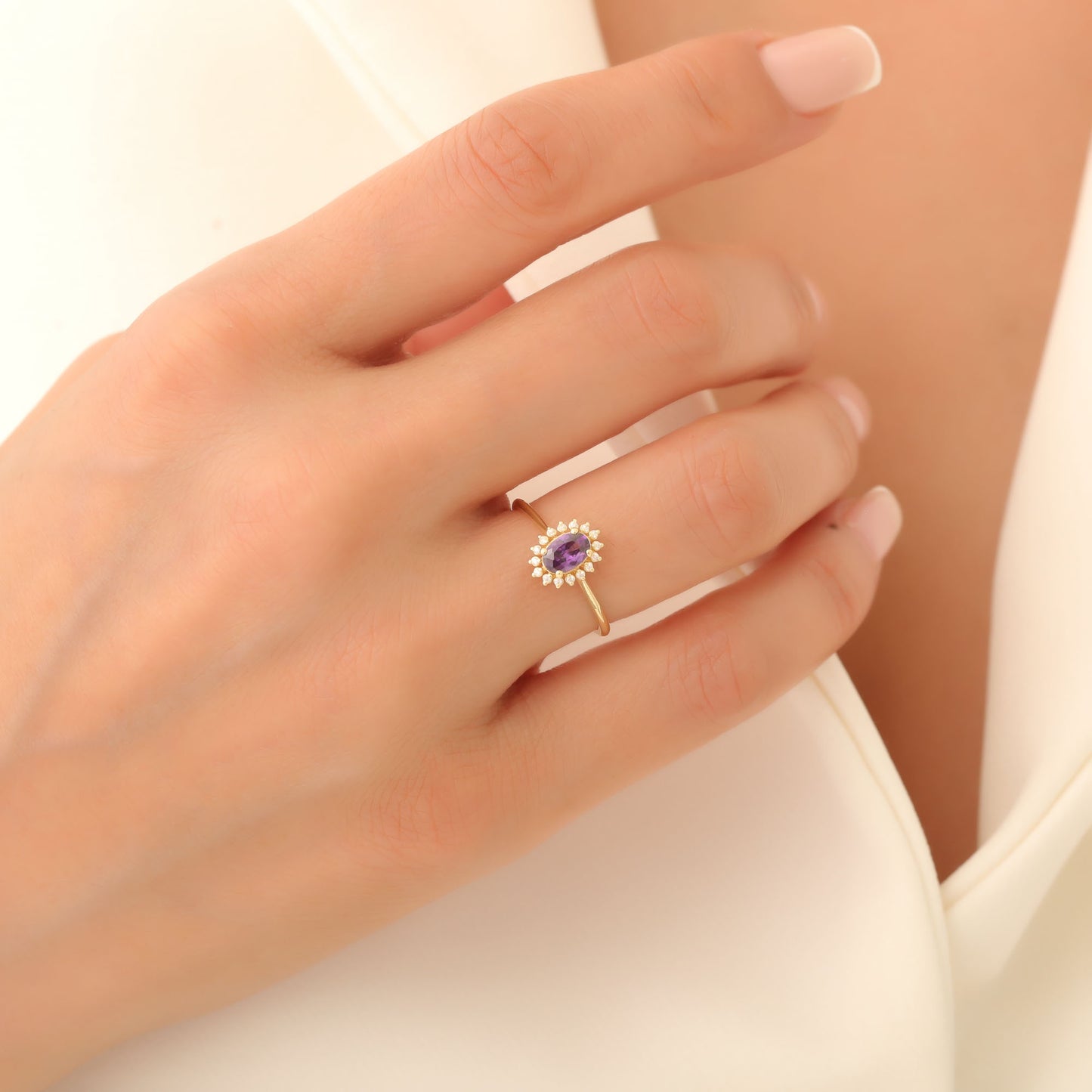 Amethyst Oval Ring 14K Solid Gold Surrounded by Real Diamonds, February Birthstone Gift