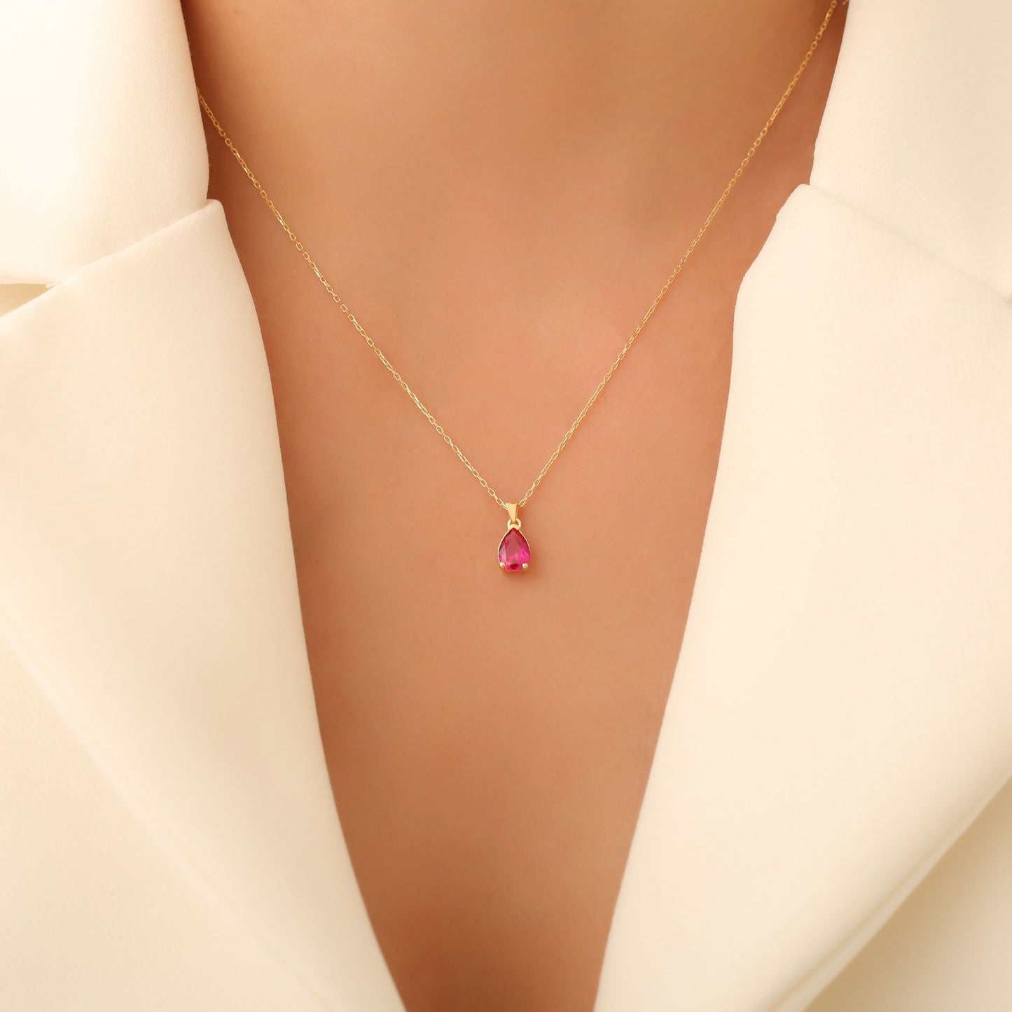 Drop Ruby Necklace in 14K Solid Gold, July Birthstone Pendant