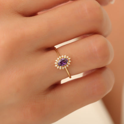 Amethyst Oval Ring 14K Solid Gold Surrounded by Real Diamonds, February Birthstone Gift