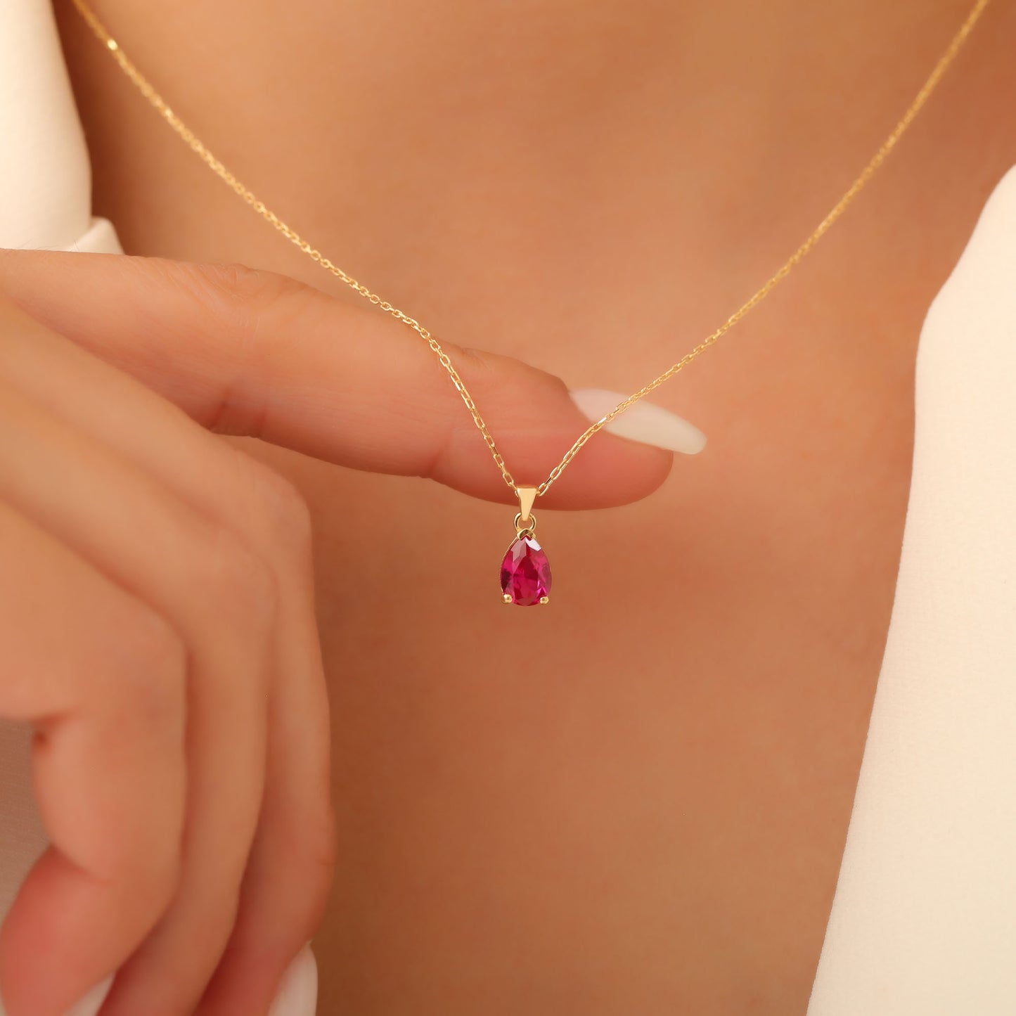 Drop Ruby Necklace in 14K Solid Gold, July Birthstone Pendant