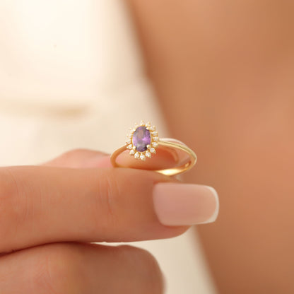 Amethyst Oval Ring 14K Solid Gold Surrounded by Real Diamonds, February Birthstone Gift