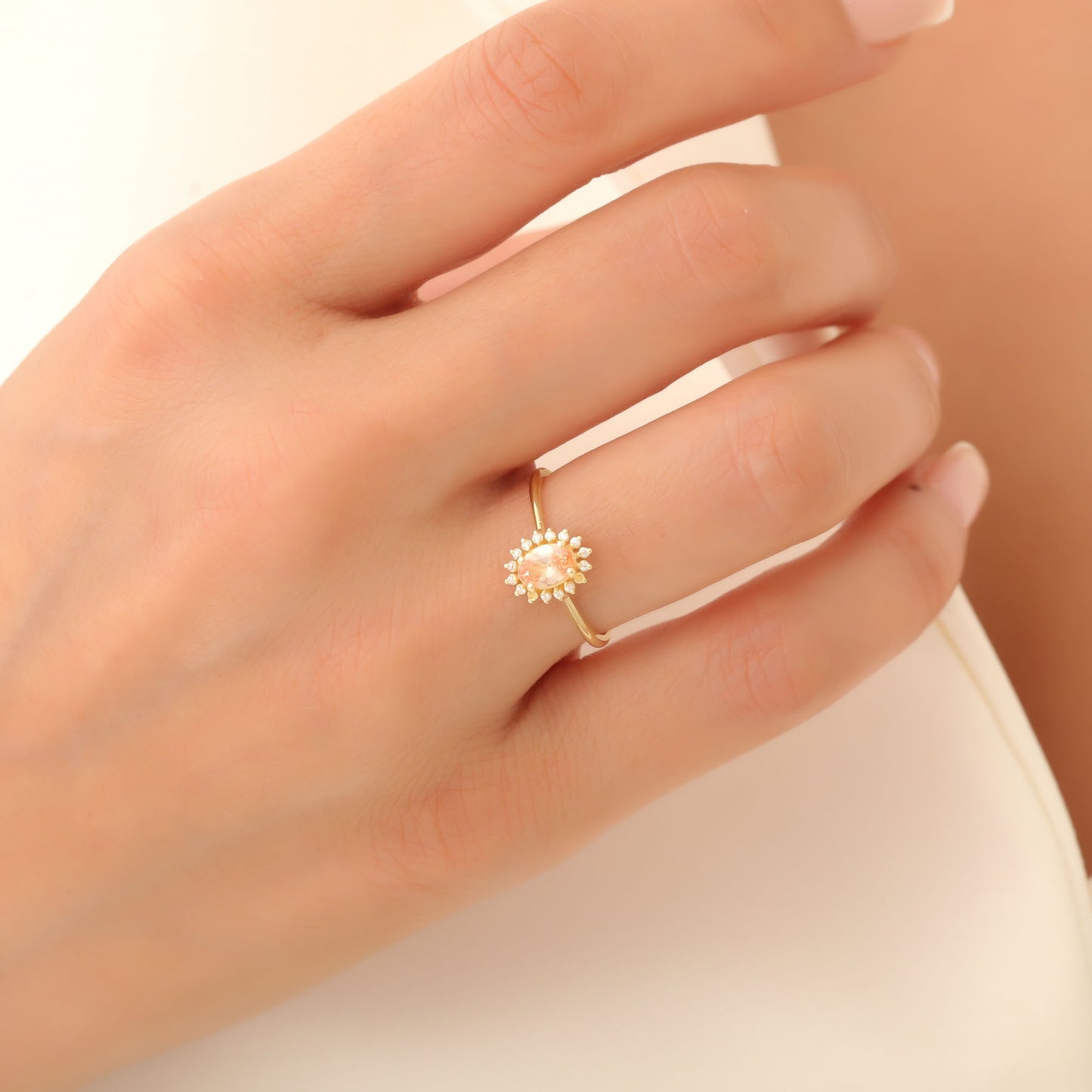 Citrine Oval Ring 14K Solid Gold Surrounded by Real Diamonds, November Birthstone Gift