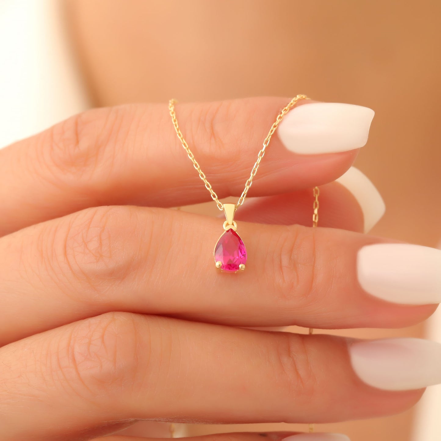 Drop Ruby Necklace in 14K Solid Gold, July Birthstone Pendant