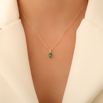 Drop Emerald Necklace in 14K Solid Gold, May Birthstone Pendant