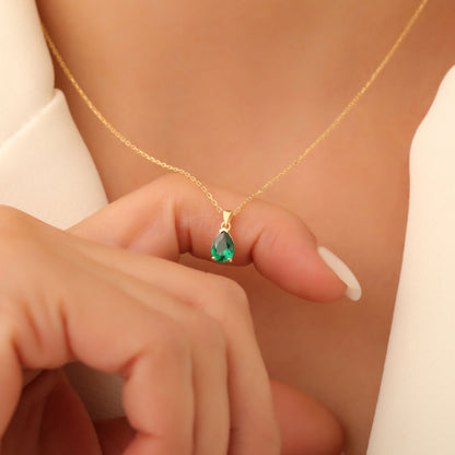 Drop Emerald Necklace in 14K Solid Gold, May Birthstone Pendant