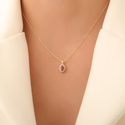 Oval Cut Garnet Necklace with Real Diamonds, 14K Solid Gold, January Birthstone Pendant