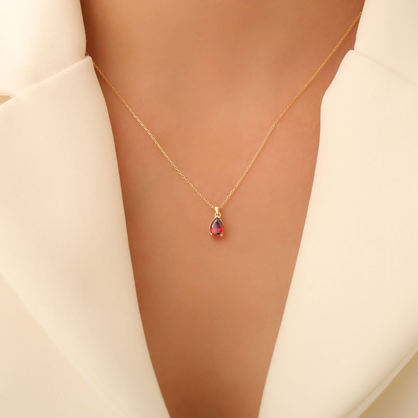 Drop Garnet Necklace in 14K Solid Gold, January Birthstone Pendant