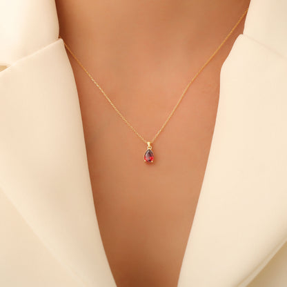 Drop Garnet Necklace in 14K Solid Gold, January Birthstone Pendant