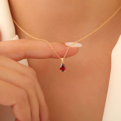 Drop Garnet Necklace in 14K Solid Gold, January Birthstone Pendant