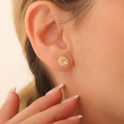 Oval Cut Citrine Stud Earring Surrounded by Real Diamonds, 14K Solid Gold, November Birthstone