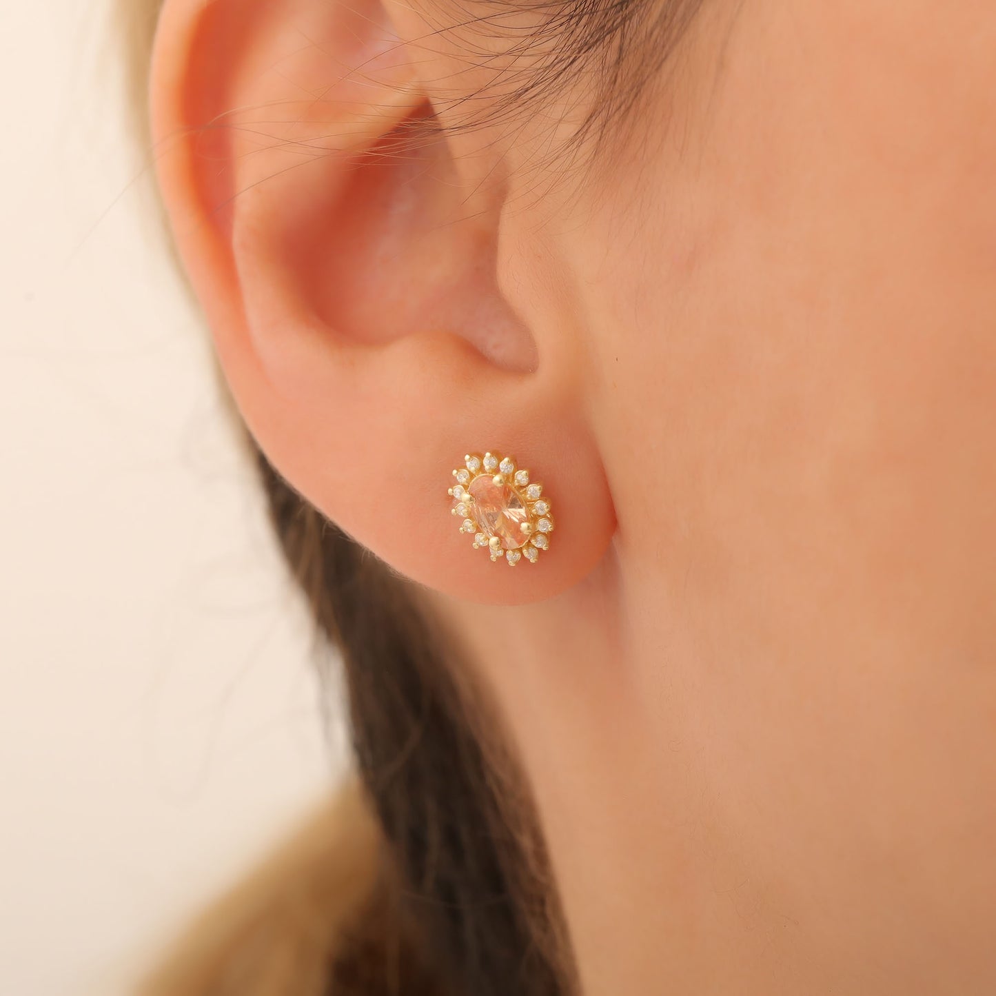 Oval Cut Citrine Stud Earring Surrounded by Real Diamonds, 14K Solid Gold, November Birthstone