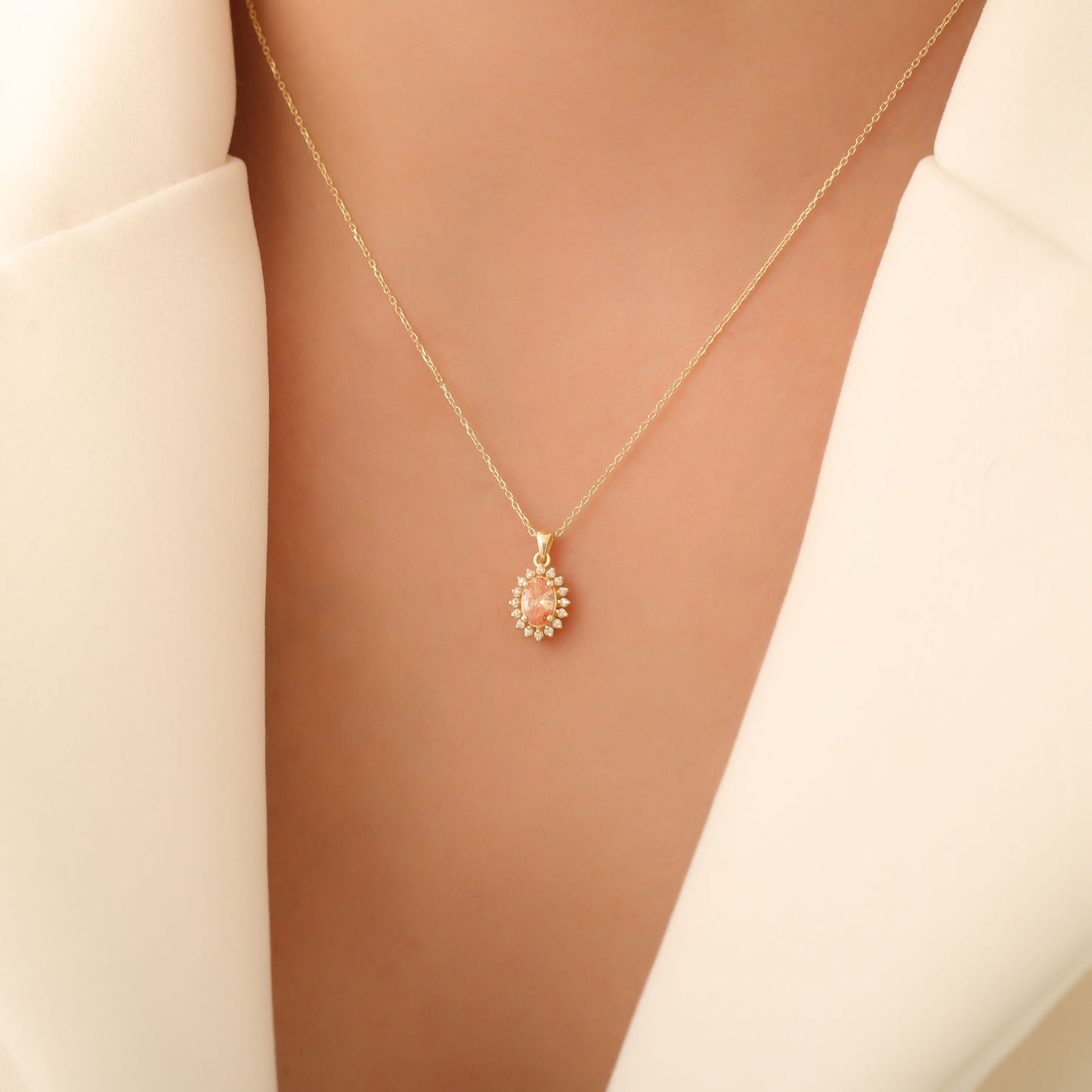 Oval Cut Citrine Necklace with Real Diamonds, 14K Solid Gold, November Birthstone Pendant