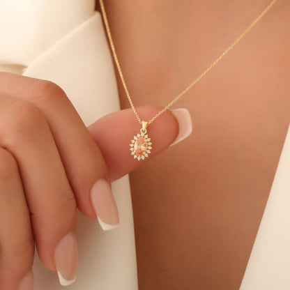 Oval Cut Citrine Necklace with Real Diamonds, 14K Solid Gold, November Birthstone Pendant