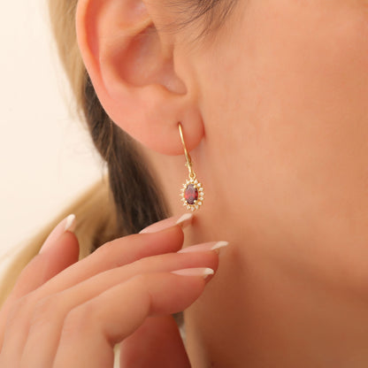 Oval Cut Garnet Dangling Earring Surrounded by Real Diamonds, 14K Solid Gold, January Birthstone