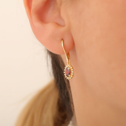 Oval Cut Garnet Dangling Earring Surrounded by Real Diamonds, 14K Solid Gold, January Birthstone