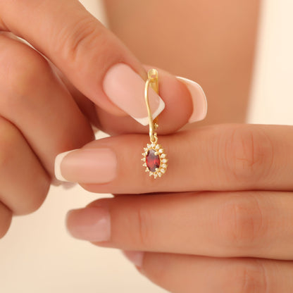 Oval Cut Garnet Dangling Earring Surrounded by Real Diamonds, 14K Solid Gold, January Birthstone