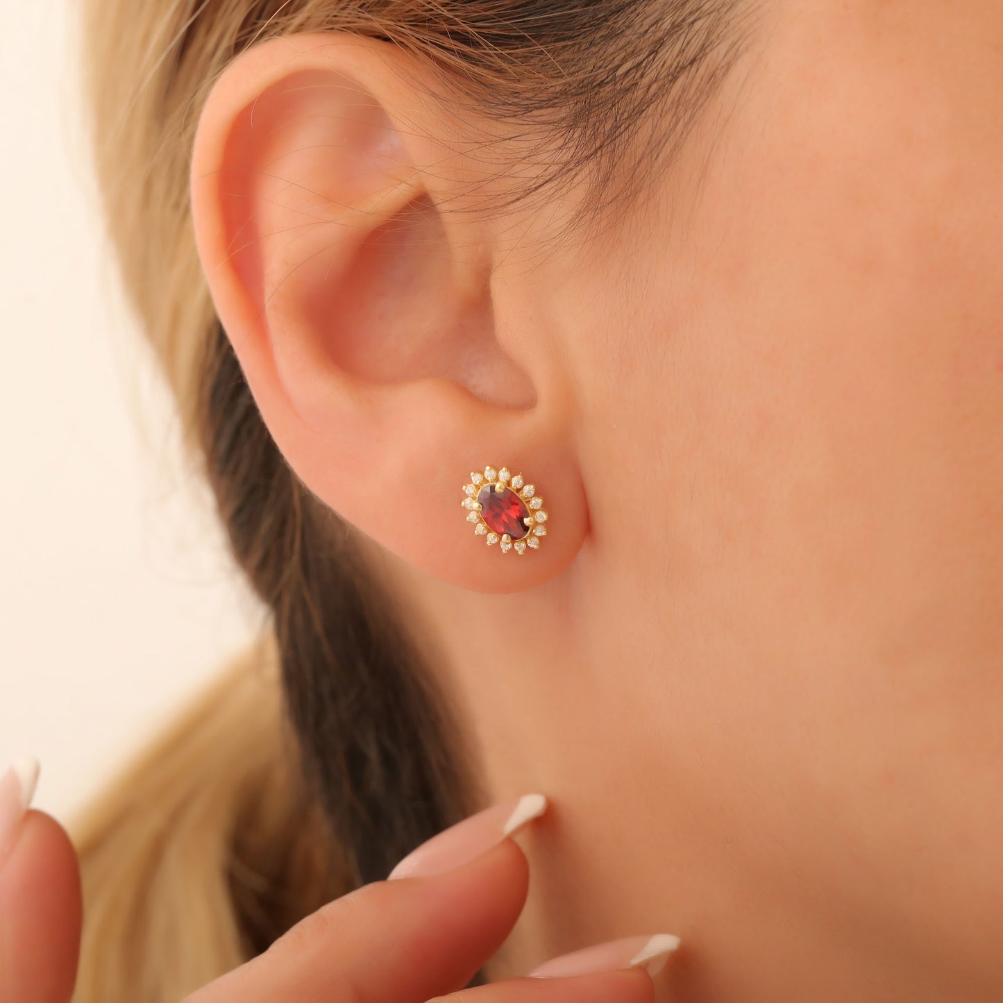 Oval Cut Garnet Stud Earring Surrounded by Real Diamonds, 14K Solid Gold, January Birthstone