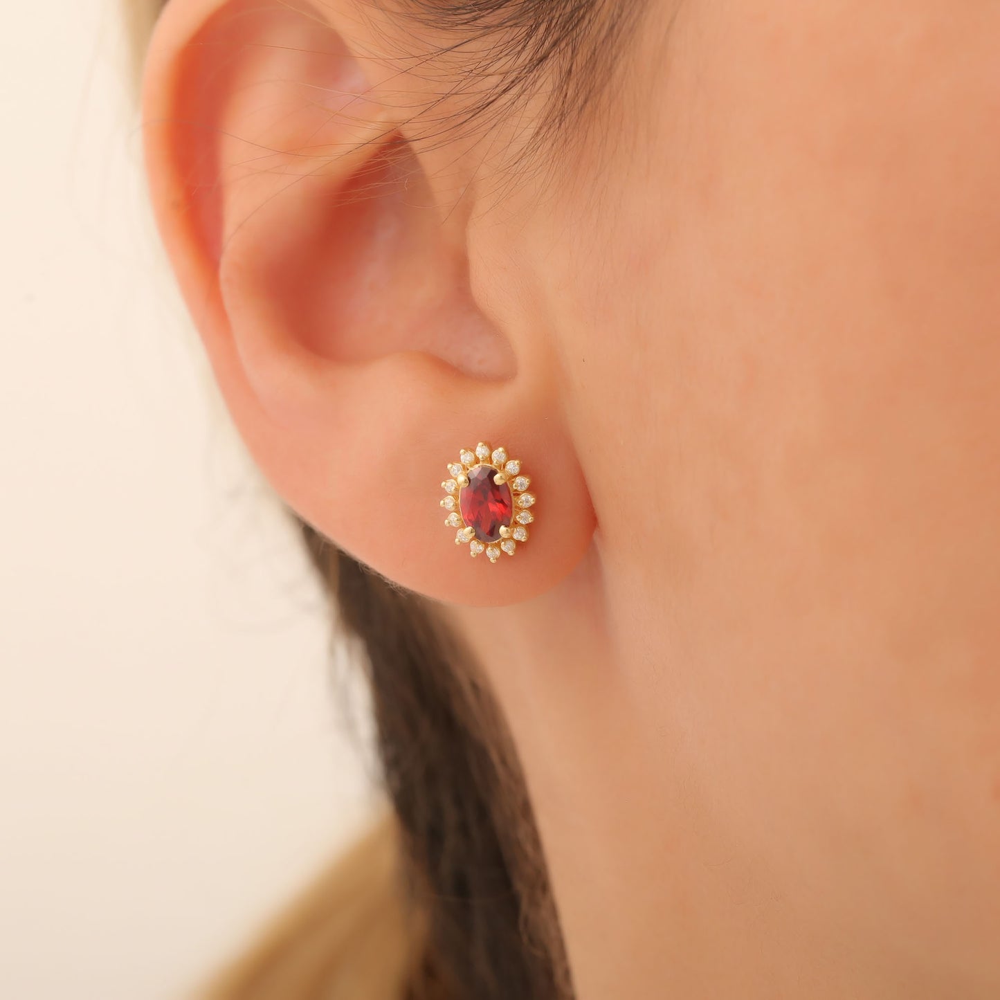 Oval Cut Garnet Stud Earring Surrounded by Real Diamonds, 14K Solid Gold, January Birthstone