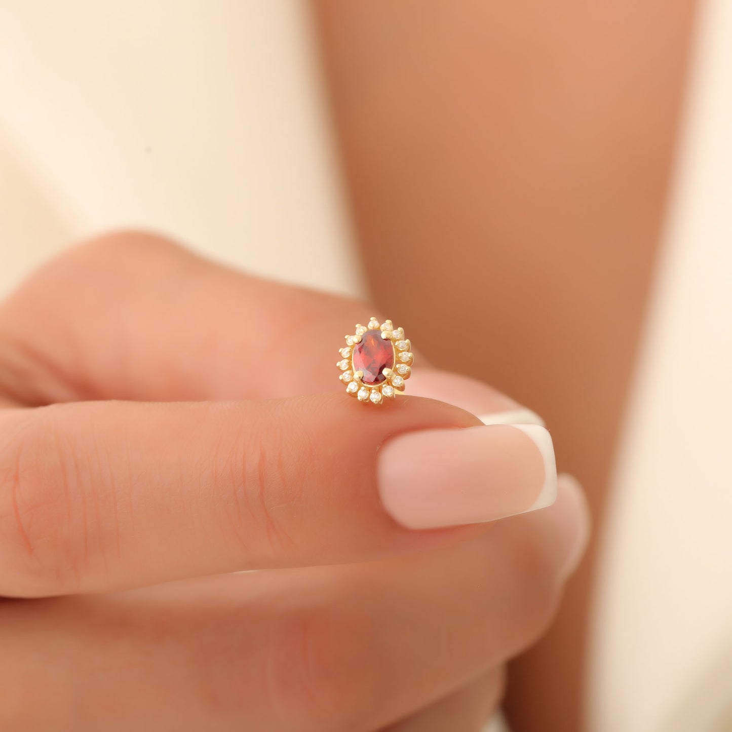 Oval Cut Garnet Stud Earring Surrounded by Real Diamonds, 14K Solid Gold, January Birthstone