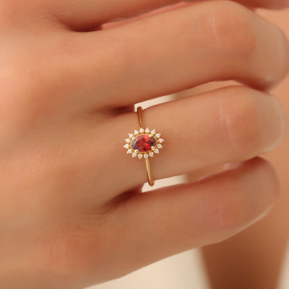 Garnet Oval Ring 14K Solid Gold Surrounded by Real Diamonds, January Birthstone Gift