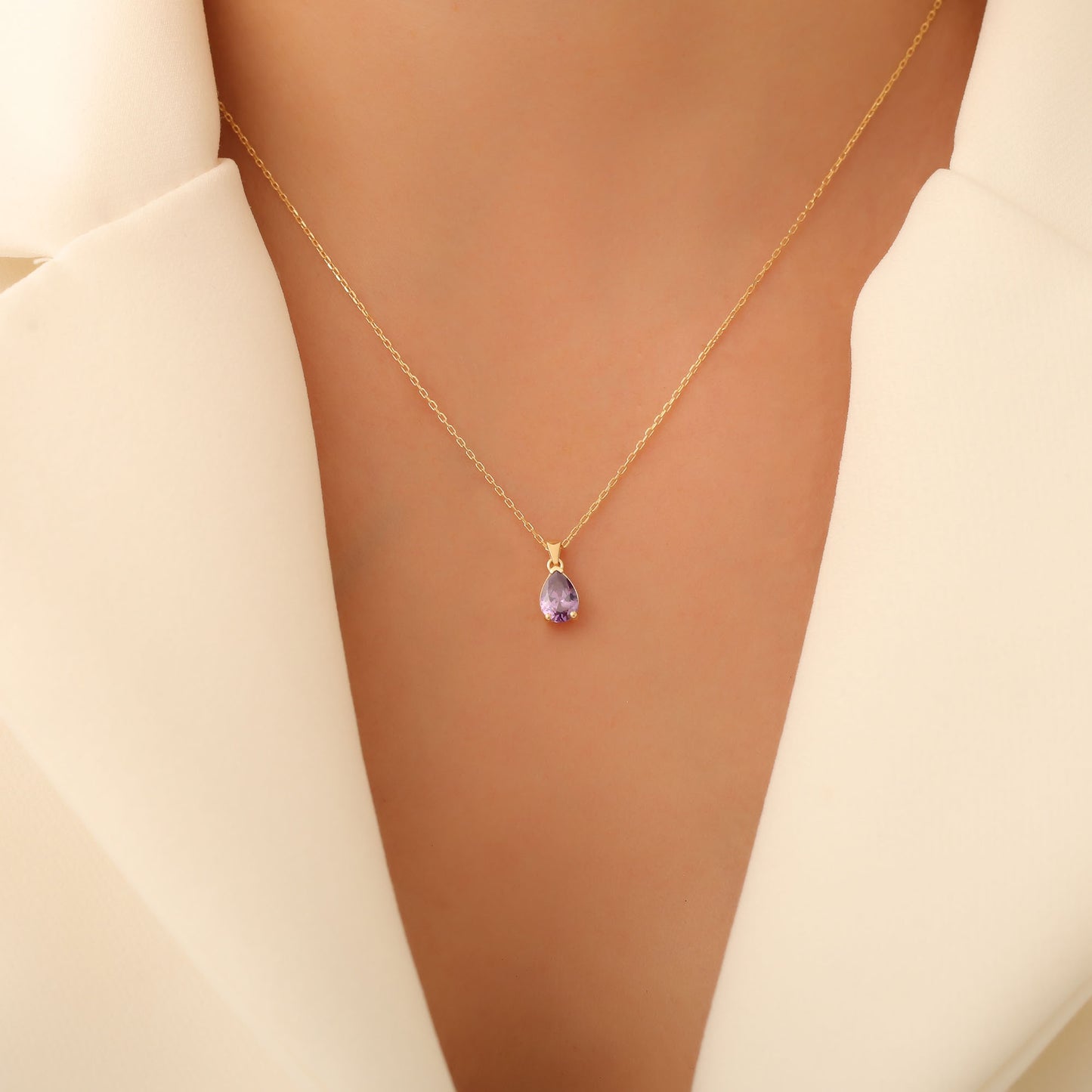 Drop Amethyst Necklace in 14K Solid Gold, February Birthstone Pendant