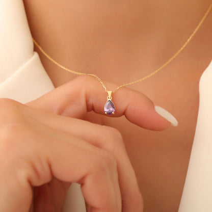 Drop Amethyst Necklace in 14K Solid Gold, February Birthstone Pendant