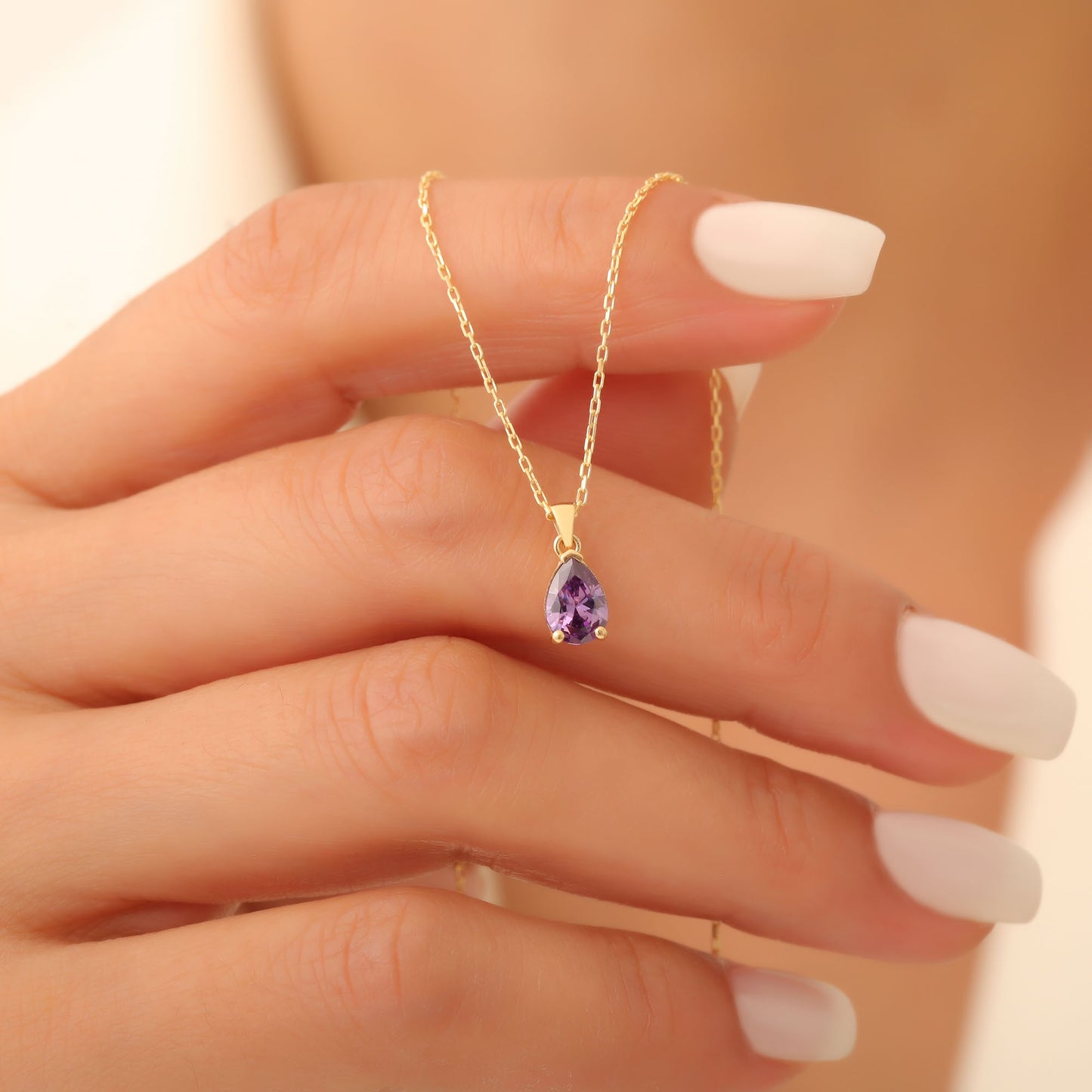 Drop Amethyst Necklace in 14K Solid Gold, February Birthstone Pendant