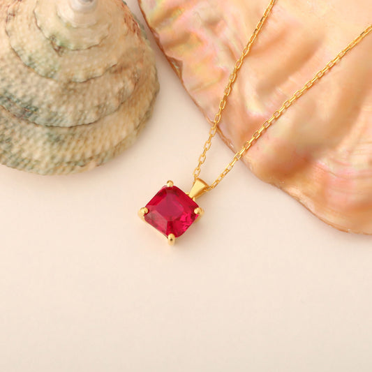 Ruby Square Necklace in 14K Solid Gold | July Birthstone Pendant