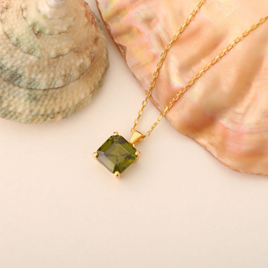 Peridot Square Necklace in 14K Solid Gold | August Birthstone Pendant