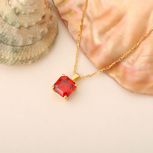 Garnet Square Necklace in 14K Solid Gold | January Birthstone Pendant