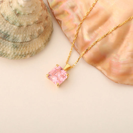 Pink Tourmaline Square Necklace in 14K Solid Gold | October Birthstone Pendant