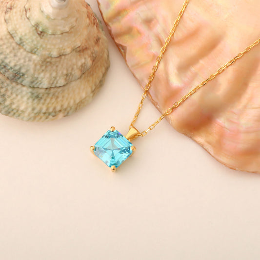 Blue Topaz Square Necklace in 14K Solid Gold | December Birthstone Pendant