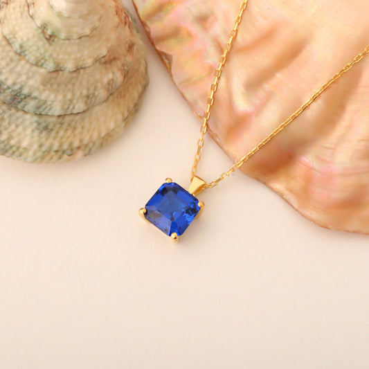 Sapphire Square Necklace in 14K Solid Gold | September Birthstone Pendant