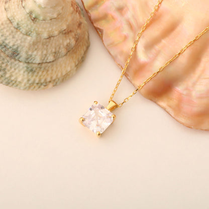 White Topaz Square Necklace in 14K Solid Gold | April Birthstone Pendant