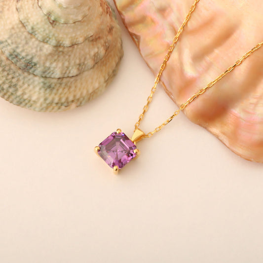 Amethyst Square Necklace in 14K Solid Gold | February Birthstone Pendant