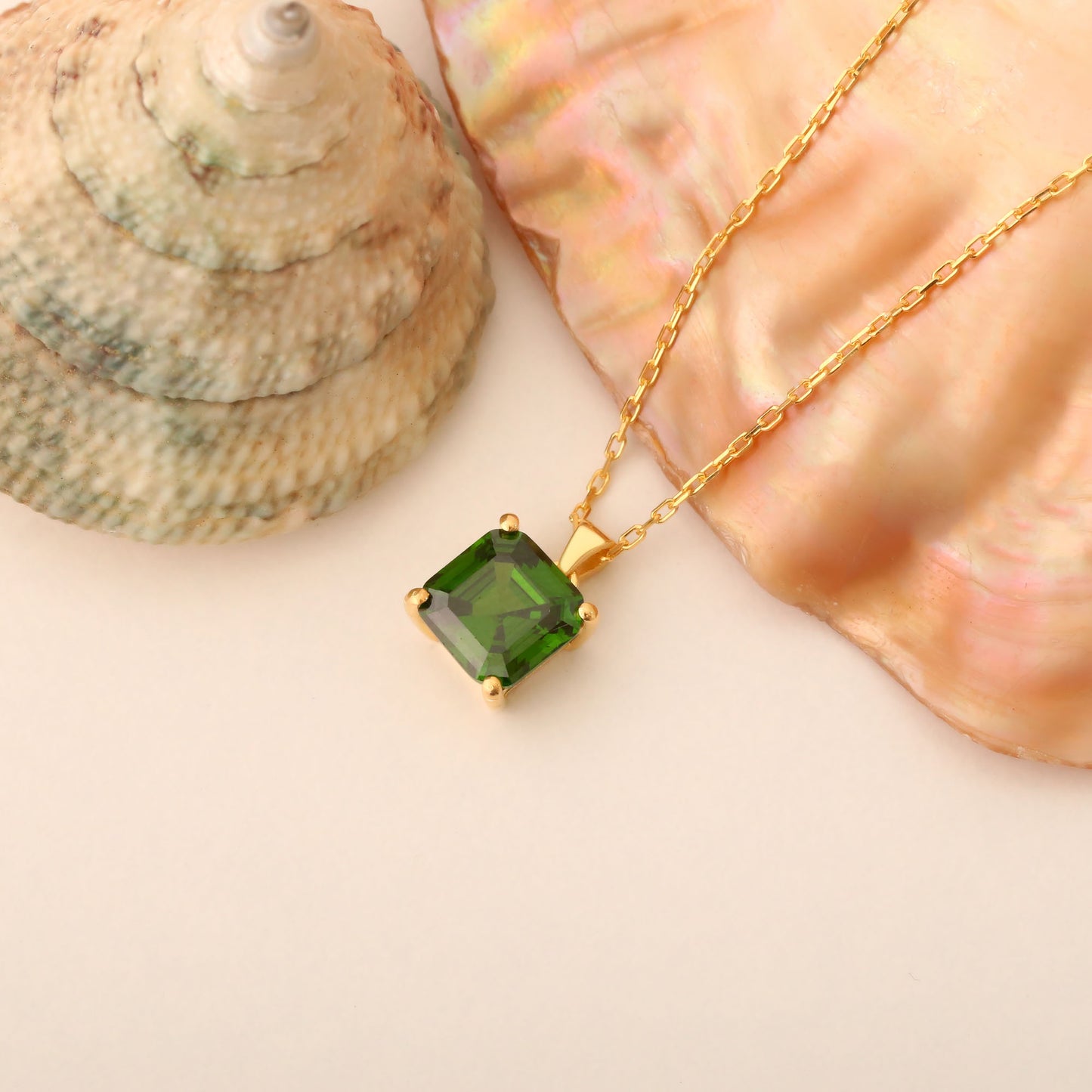 Emerald Square Necklace in 14K Solid Gold | May Birthstone Pendant