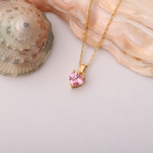 Pink Tourmaline Heart Necklace in 14K Solid Gold | October Birthstone Pendant