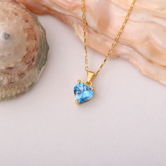 Blue Topaz Heart Necklace in 14K Solid Gold | December Birthstone Pendant