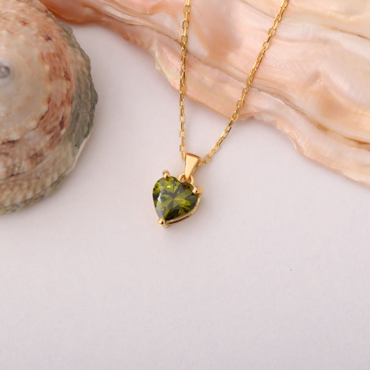 Peridot Heart Necklace in 14K Solid Gold | August Birthstone Pendant