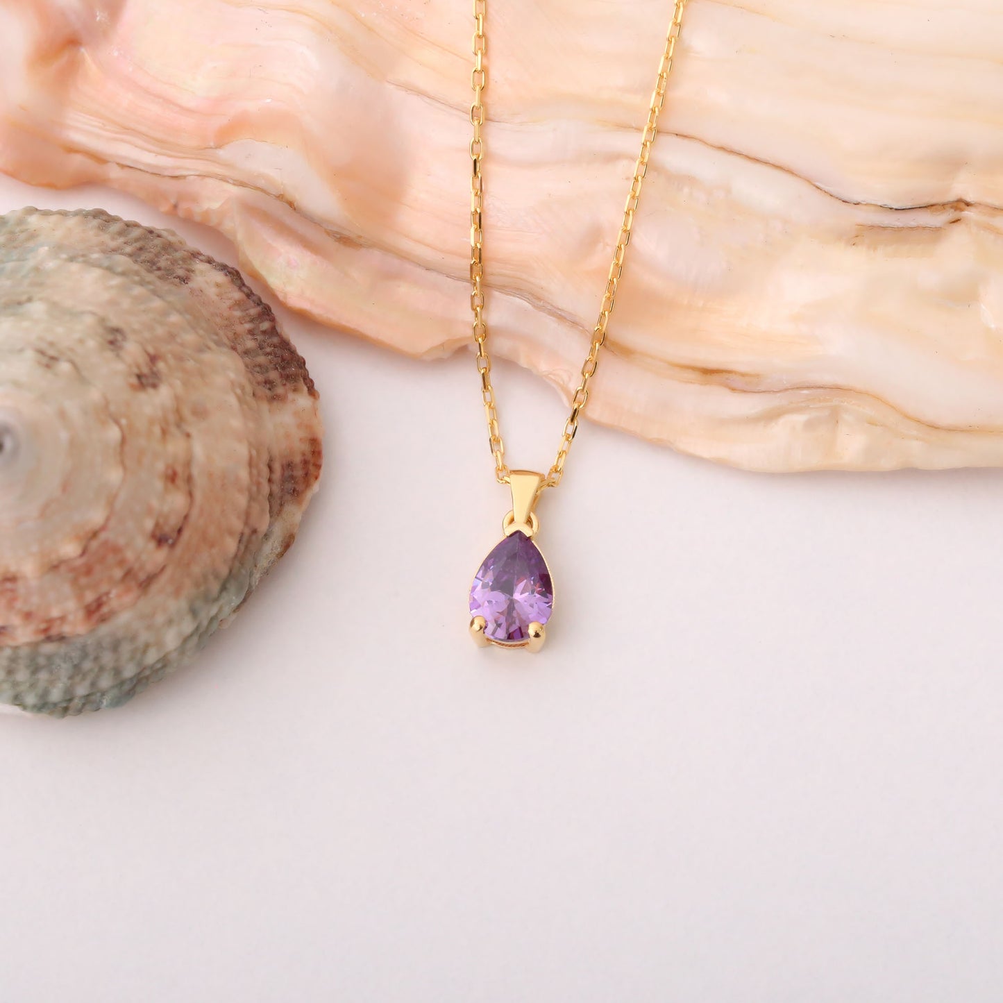 Drop Amethyst Necklace in 14K Solid Gold, February Birthstone Pendant