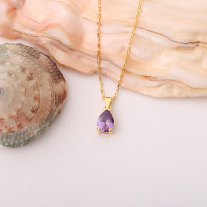 Drop Amethyst Necklace in 14K Solid Gold, February Birthstone Pendant