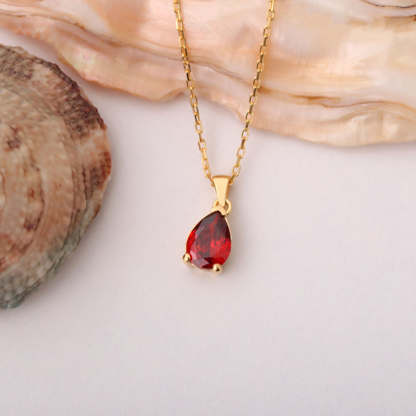 Drop Garnet Necklace in 14K Solid Gold, January Birthstone Pendant