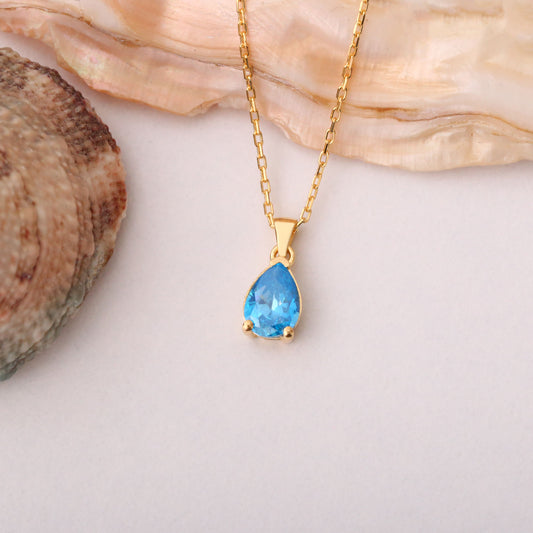 Drop Blue Topaz Necklace in 14K Solid Gold, December Birthstone Pendant